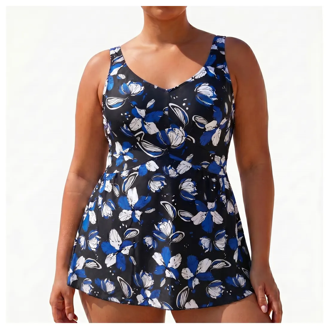 Plus Size Navy Floral Swimdress Reference main view