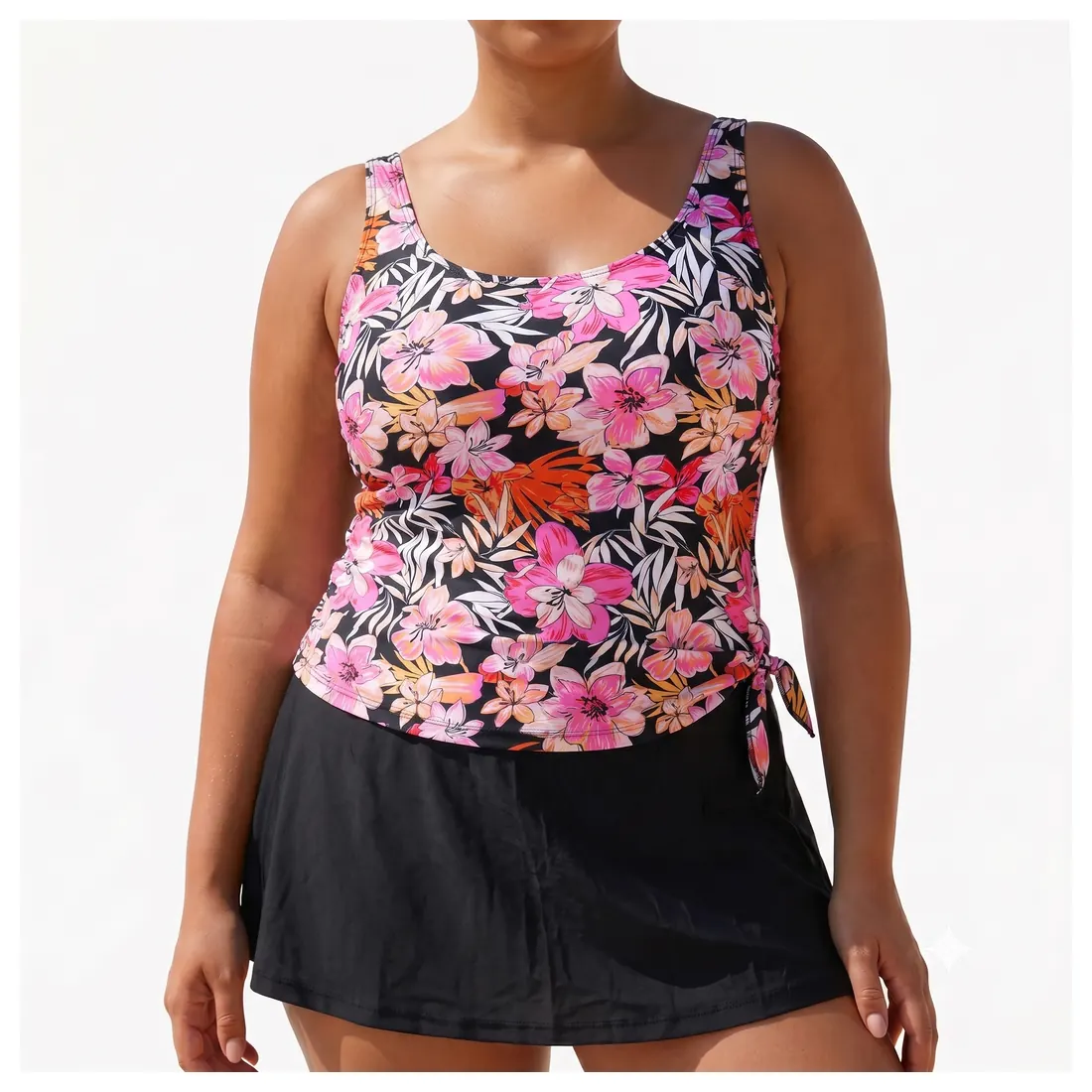 Plus Size Pink Floral Tankini Skirt Set Reference main view